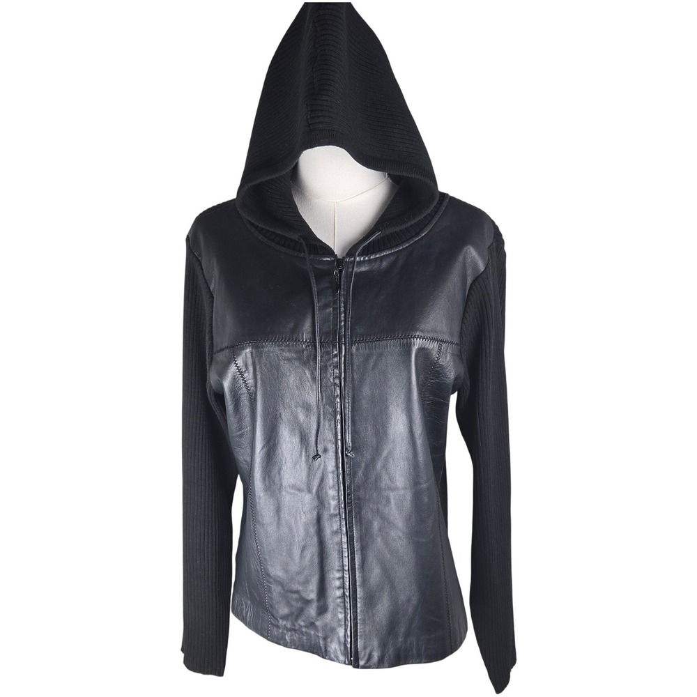Escapade Leather Knit Moto‎ Jacket Sweater Hooded Zip Mixed Media Biker Goth L